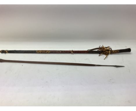A walking stick and a vintage spear.