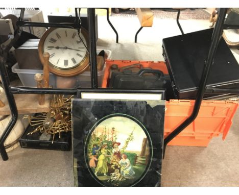 A large assorted collection of items including walking sticks, brass cannon, cased Chinnon Reflex, Vintage Jerry can etc