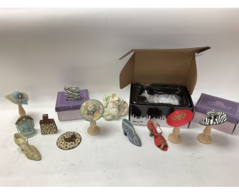 A collection of ceramic hats and shoes from the ladies day collection.