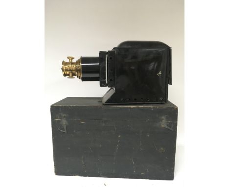 No Reserve - An Antique brass and painted metal lantern slide projector in a pine box.