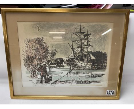 Harald Lindberg, 1901-1976, Coloured Lithograph 278/300 depicting the Arracan moored, Signed. 52 x 41cm. NO RESERVE