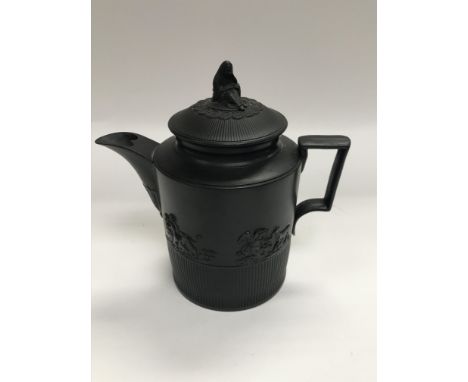 Am small black balasalt teapot with cover, half reeded body. Stamped Meyer for Elijah Mayer. Small chip to spout.