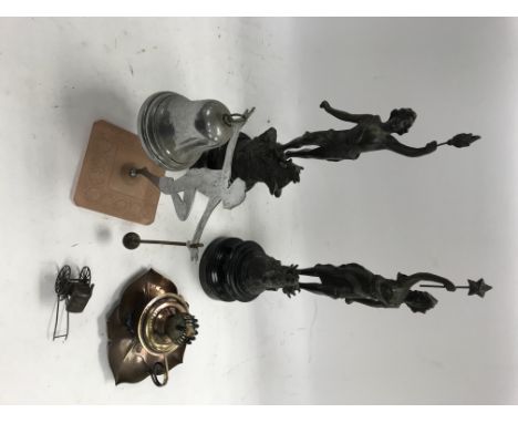 2 x metal figurines, dinner bell and lamp base