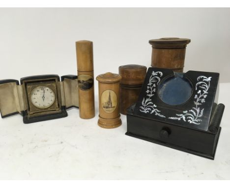 An Early 19th century Coromandel wood and mother of pearl inlaid watch holder a small vintage traveling clock for restoration
