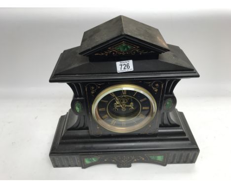 Slate clock with skeleton front and inlaid Italian marble