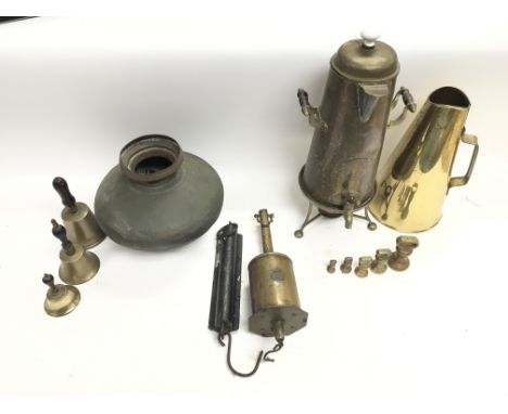 A collection of predominantly brass items including bells - vase - scales etc.