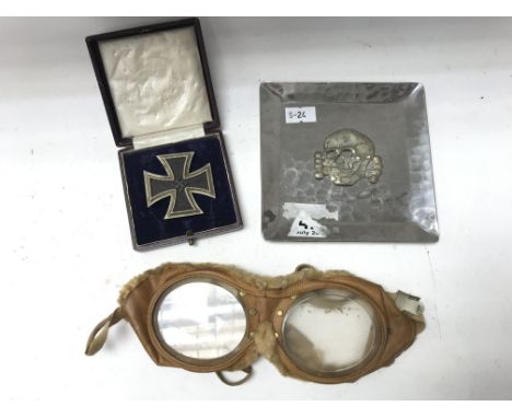 German WW2 Iron cross medal , SS silver ashtray &amp; aviator goggles