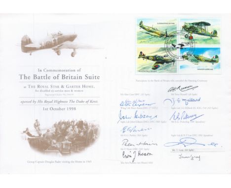 Ten WW2 BOB pilots signed 1998 Battle of Britain Suite FDC. Autographs inc. John Gibson, E Parkin, Alan Gear, J Millard, K Le