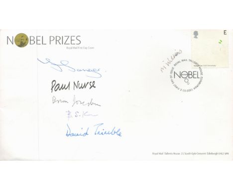 Nobel Prize winners multiple signed 2001 single stamp FDC. Six autographs including Paul Nurse, David Trimble, Brian Johnson,