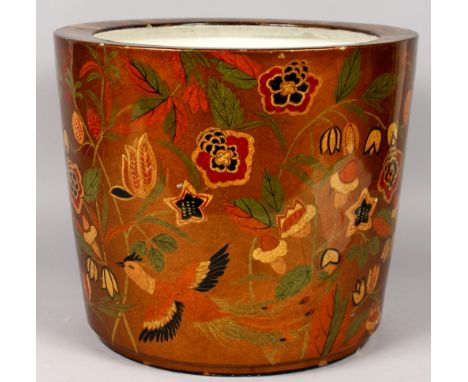 A LARGE CHINESE GOLD GROUND PORCELAIN JARDINIERE, decorated with exotic birds, flowers and leafage, 14.4in diameter at rim & 