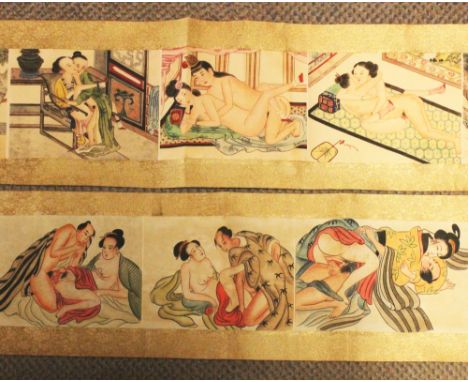 A PAIR OF WIDE CHINESE EROTIC SCROLL PICTURES ON SILK, each depicting eight scenes of couples, approx. 106in wide x 11.25in h