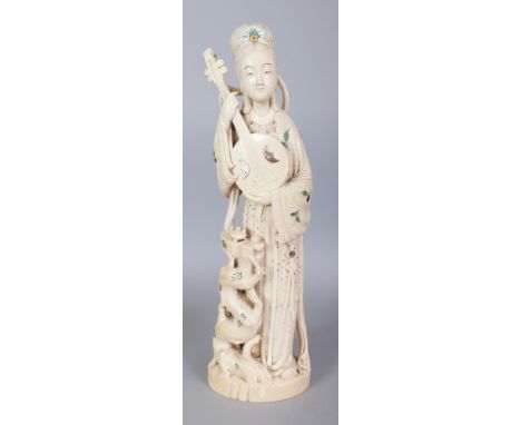 A GOOD LARGE EARLY 20TH CENTURY SIGNED JAPANESE SHIBAYAMA & IVORY FIGURE OF A STANDING LADY, bearing a stringed samisen, a kn