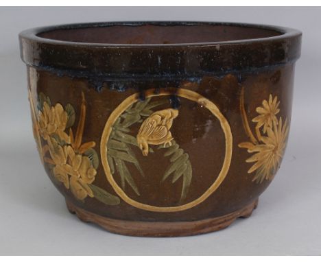 A SIMILAR SMALLER CHINESE GLAZED CERAMIC JARDINIERE, with circular animal and bird panels, 13.5in diameter at rim & 8.75in hi