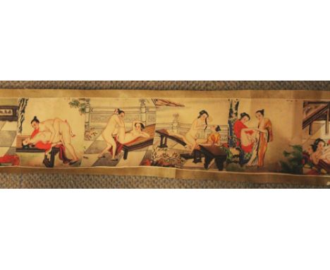 A WIDE CHINESE EROTIC SCROLL PICTURE, approx. 97in wide x 9.75in high.