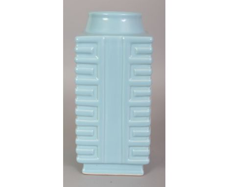 A CHINESE CLAIRE-DE-LUNE PORCELAIN CONG VASE, with rib moulded corners, the base with a moulded Qianlong seal mark, 9.7in hig