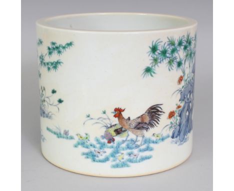 A LARGE CHINESE DOUCAI PORCELAIN CHICKEN BRUSHPOT, the sides decorated with roosters, chicks and hens in a garden setting of 