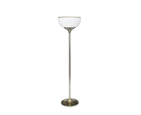 GUZZINIA gilt metal floor lamp with an opaque perspex shade by Guzzini, with maker's label. Italy, c.1970. 160cm (h)