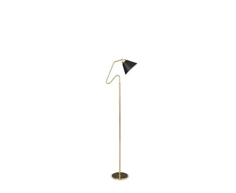 BERGBOMA brass floor lamp with a black shade by Bergbom. With maker’s label, Sweden. 141cm (h)