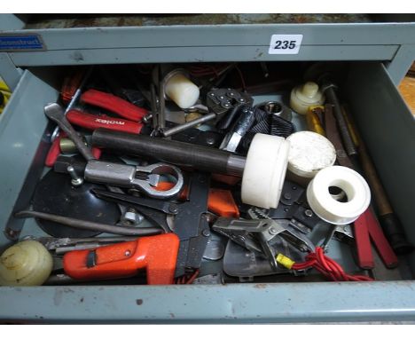 A selection of miscellaneous hand tools, seal cabinet to include tyre wrenches, clamps and small electrical hand tools and gr