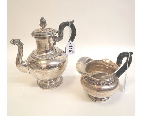 An early 20th century, possibly central European, white coloured metal teapot of bulbous form with an acorn finial and birds 