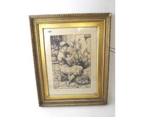 William Stephen Coleman - signed, framed and glazed etching depicting a woman arranging flowers, signed lower left corner