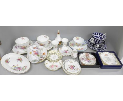 A collection of china, including Royal Crown Derby, a Shelley trio and a Royal Albert Old Country Roses miniature vase  **PLE