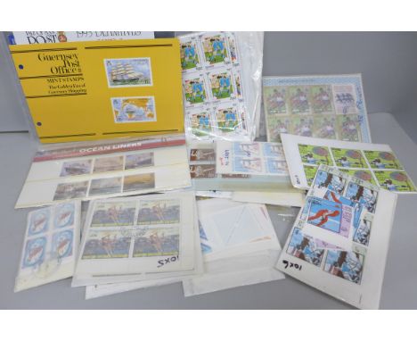 Stamps; a collection of world stamps, mainly sport themed mini sheets, one Ocean Liners mint stamps and four other stamp pack