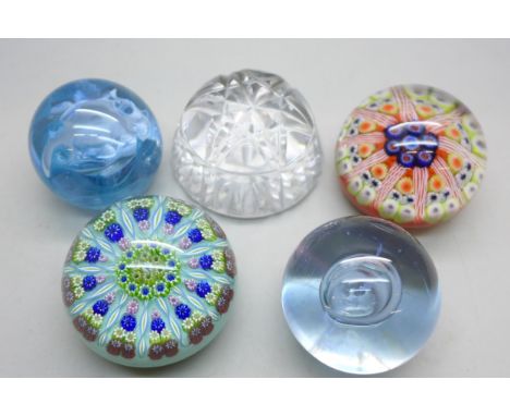 Five glass paperweights including two Strathern millefiori and two Caithness 