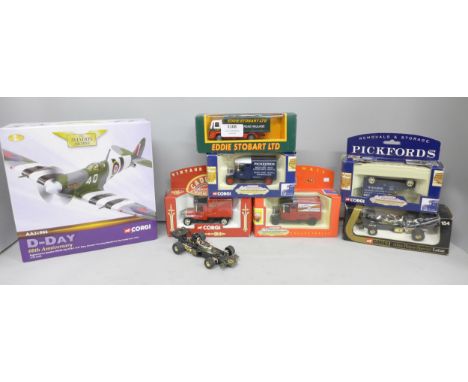 A collection of Corgi models including two Lotus John Player Special, one boxed, and D-Day 60th Anniversary, (8)