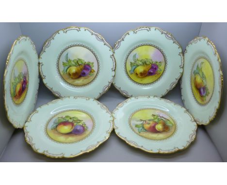 A set of six hand decorated plates, still life fruit, signed by J. Colclough, Mintons for Tiffany and Co., New York, 22.5cm