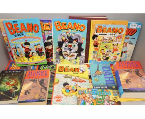 A collection of children’s books, Beano annuals, Harry Potter, Dandy and Beano Golden Years book, Roald Dahl, etc.