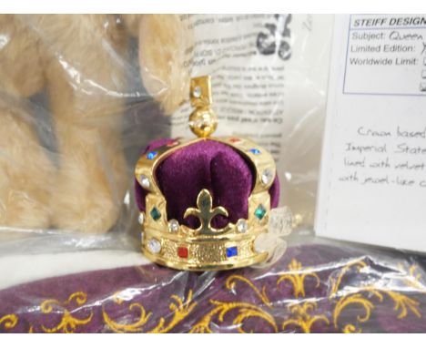 A boxed Steiff Queen Elizabeth II Coronation  teddy bear exclusive design for Danbury Mint, with purple robe and crown