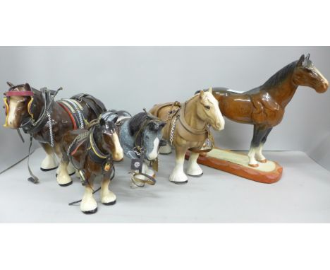Two Melba ware model shire horses and three other model horses 