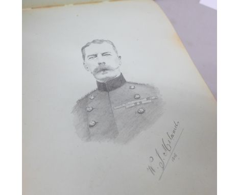 An early 20th Century keepsake album with a pencil sketch of a man in military uniform dated 1916 and a painting of a tall ma