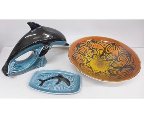 A Poole Aegean bowl, 26.5cm, a large dolphin figure and dish
