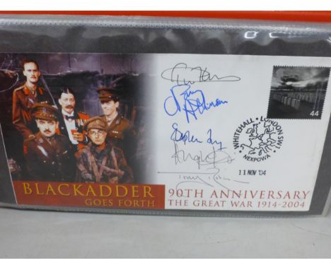 Stamps; an album of autographed covers, signatories include Stephen Fry, Rowan Atkinson, Alec Rose, Richard Todd, Denis Howel