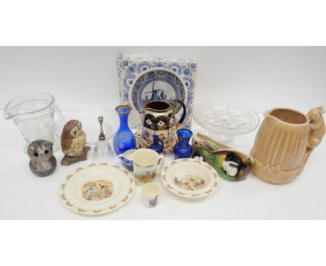 A collection of mixed china and glass including Royal Crown Derby Imari plates, large Sylvac squirrel jug, Ryal Doulton Bunny