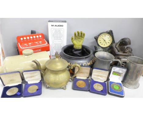 A box of assorted items including ceramic hot water bottle, brass teapot, pewter items and toy accordion **PLEASE NOTE THIS L