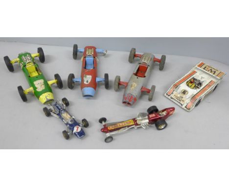 Six Corgi and Tri-ang model racing cars, playworn, (3+3)