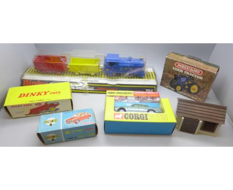 A Dinky Toys 784 Goods Train Set and 321 Massey-Harris Manure Spreader, a Corgi Toys model Rover 2000 TC, a Tri-ang Spot-On M