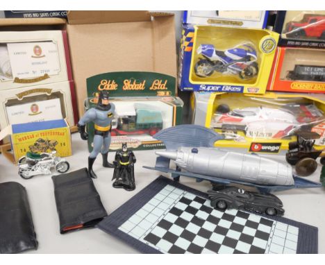 A collection of model vehicles, including Corgi, a Hornby wagon, boxed, two Royal Mail collectable pillar boxes, etc.