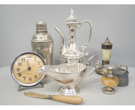 A Cora Vermouth cocktail shaker, a pewter inkwell, coffee pot, sauce boat, etc.