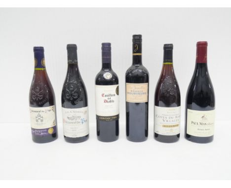 A collection of six red wine including Les Jamelles Reserve Mourvedre, Les Closiers Chateauneuf-ou-Pape, Cotes Du Rhone Villa