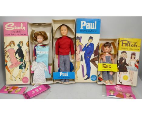 Three Sindy dolls by Pedigree, Sindy, Paul and 'that rascal Patch’, all boxed with original price labels attached, Sindy Ref 
