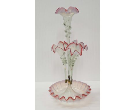 An early 20th Century large vaseline glass epergne with central flute and three surrounding trumpet vases  **PLEASE NOTE THIS