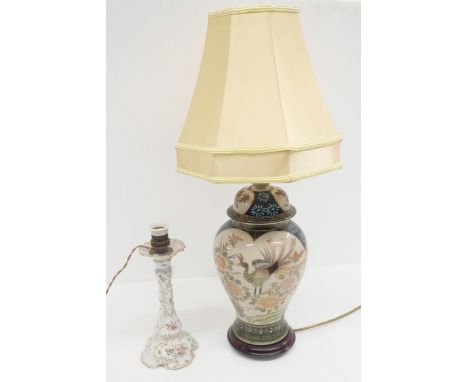 A large oriental lidded vase converted lamp with shade, together with a porcelain candlestick converted lamp marked Dresden t