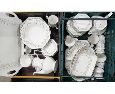 A large lot of Eternal Bow pattern kitchenware, includes plates, cups/saucers, teapot and coffee pot, etc (2 boxes) **PLEASE 