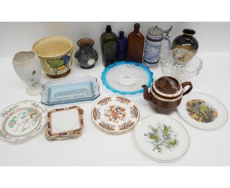 A mixed collection of china and glass comprising of Price Bros teapot, medicine bottles, Radford hand painted vase, Staffords