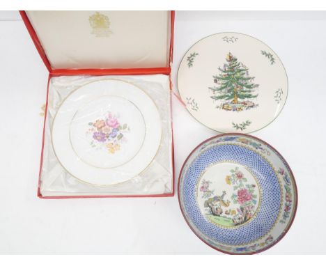 Collection of three Spode bone china items to include a floral peacock Copeland fruit bowl, a Christmas themed plate and a co