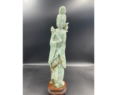 A Chinese Jade figure of a goddess on stand (Approximate Total height without stand 33.5cm)